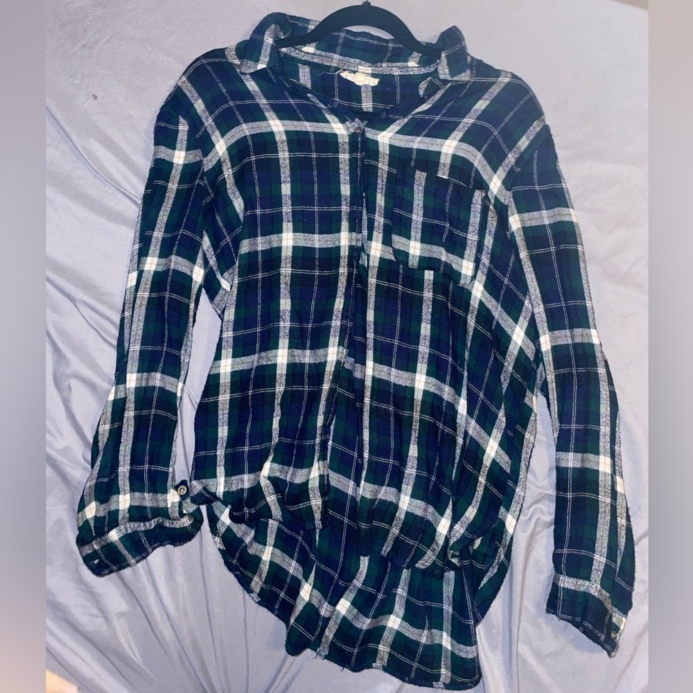 Green, blue, and white plaid flannel.